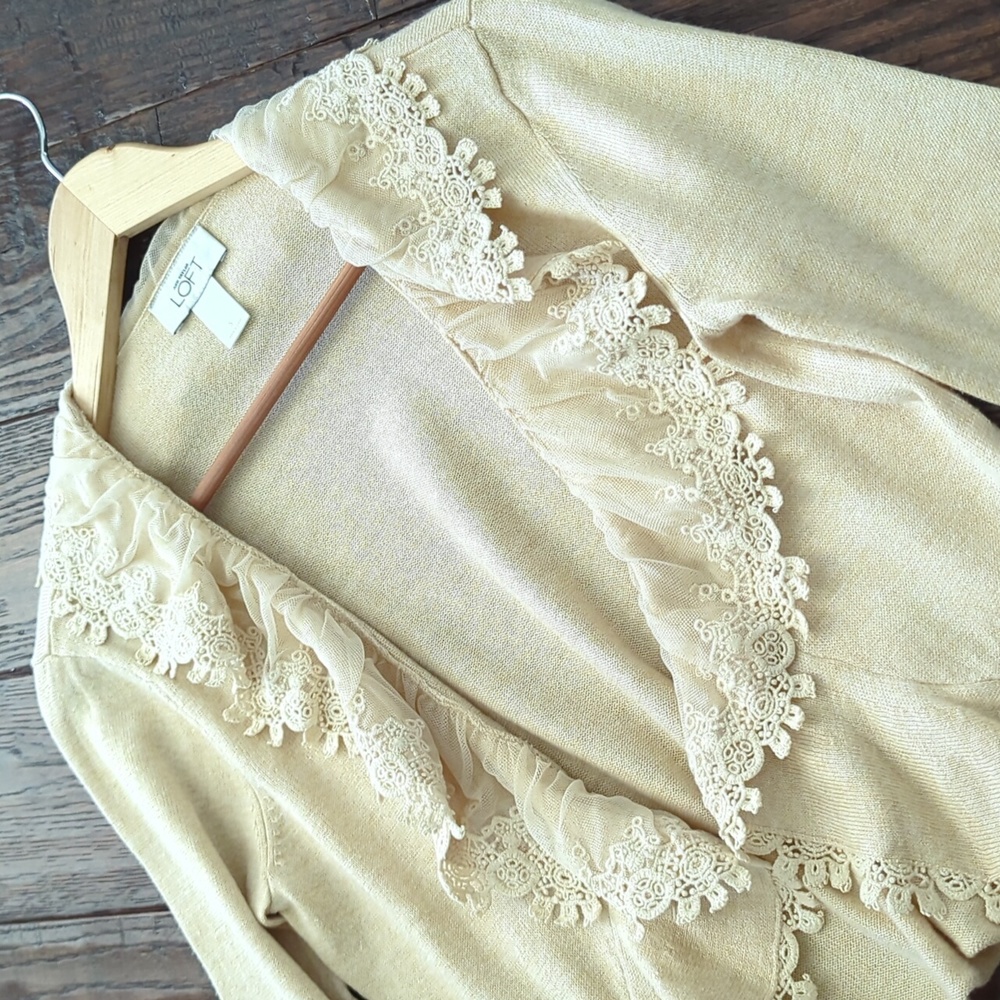 LOFT I Ivory Cream Open Front Crochet Ruffle Lace Trim Coquette Cardigan, S
